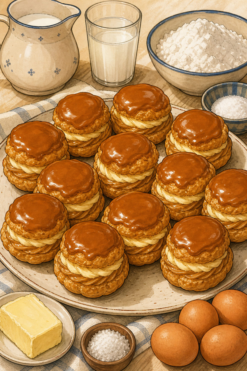 Traditional Czech Větrník Pastries: 12 Individual Round Choux Desserts with Vanilla and Caramel Creams and Set Caramel Glaze