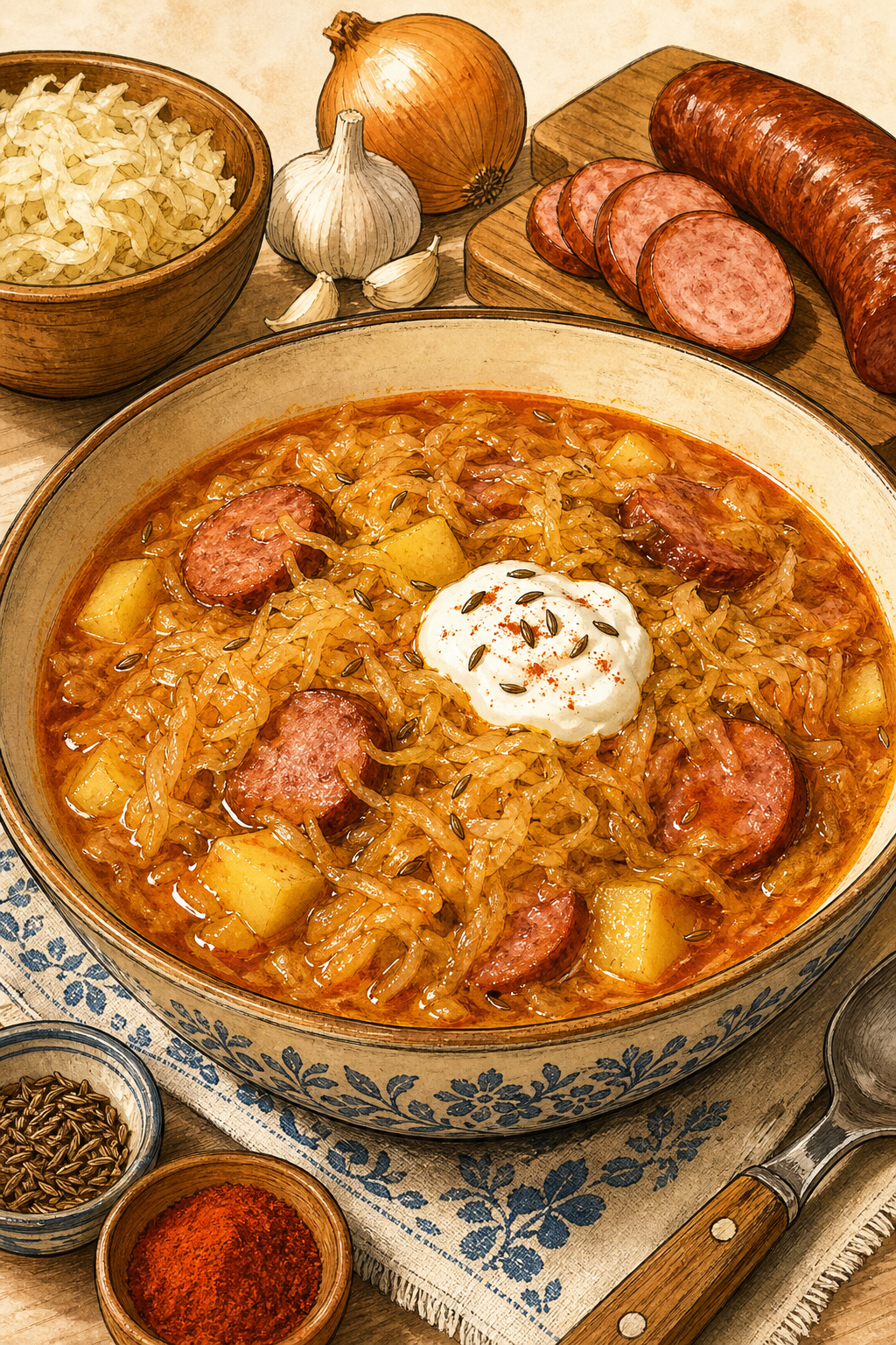 Traditional Czech Zelňačka: Sauerkraut Soup with Potatoes, Smoked Sausage, Caraway, Paprika and Sour Cream