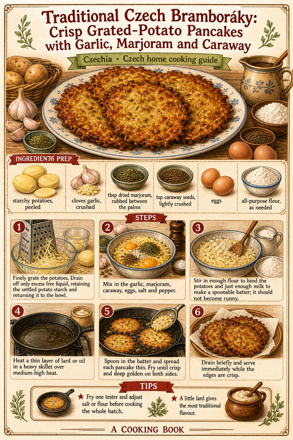 Traditional Czech Bramboráky: Crisp Grated-Potato Pancakes with Garlic, Marjoram and Caraway illustrated step-by-step cooking guide