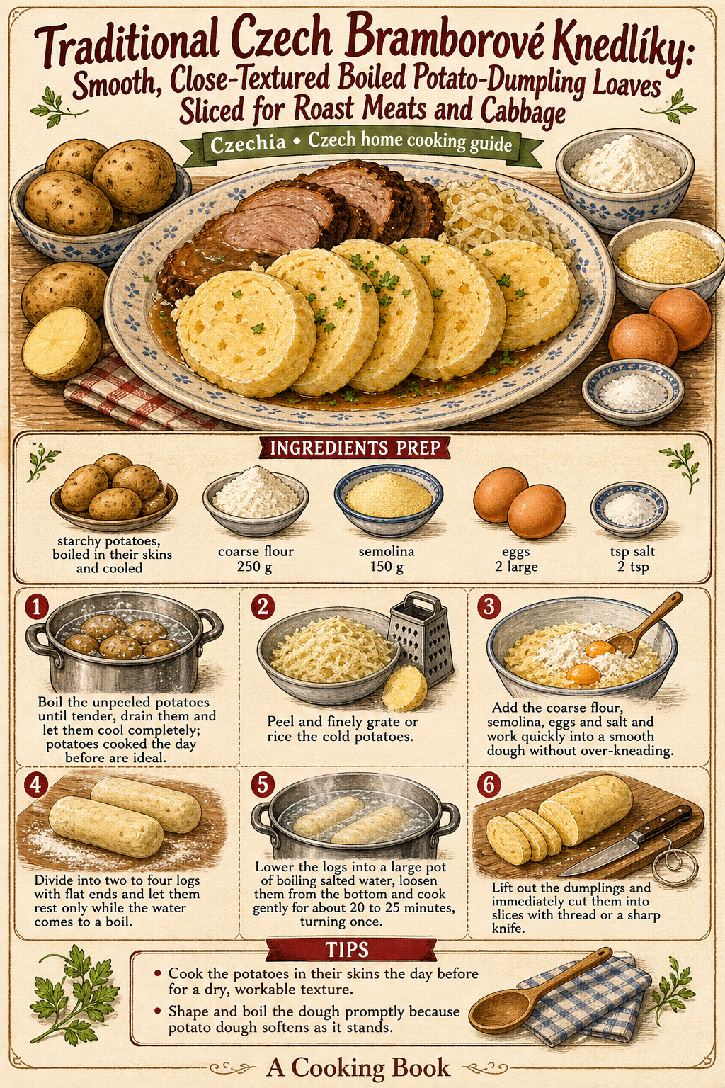 Traditional Czech Bramborové Knedlíky: Smooth, Close-Textured Boiled Potato-Dumpling Loaves Sliced for Roast Meats and Cabbage illustrated step-by-step cooking guide