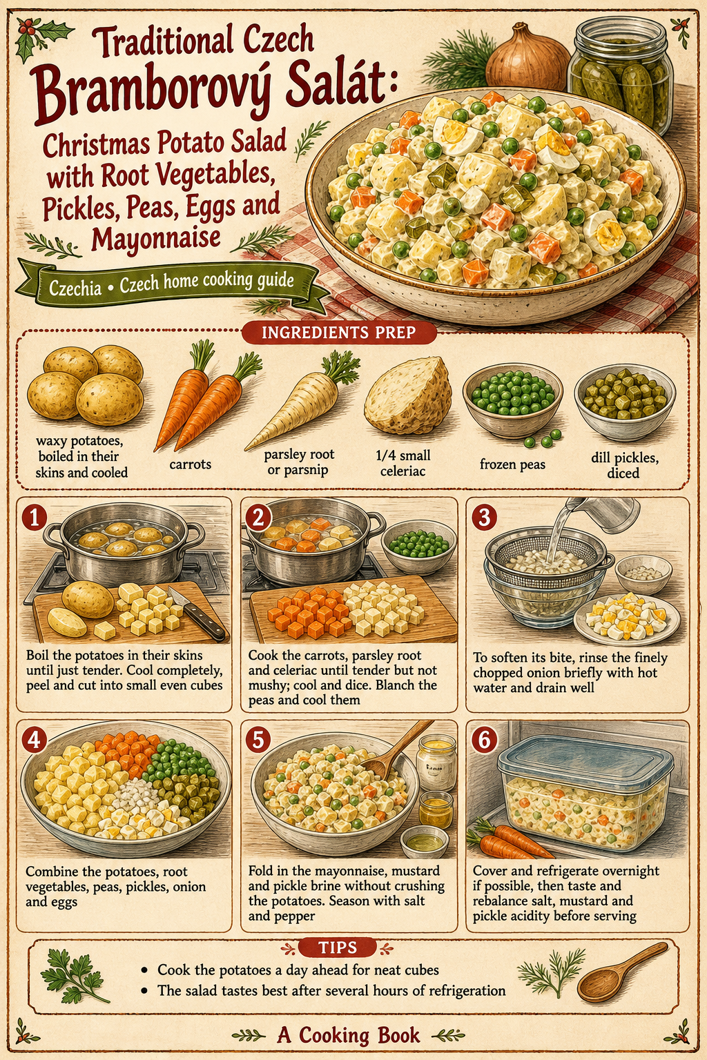 Traditional Czech Bramborový Salát: Christmas Potato Salad with Root Vegetables, Pickles, Peas, Eggs and Mayonnaise illustrated step-by-step cooking guide