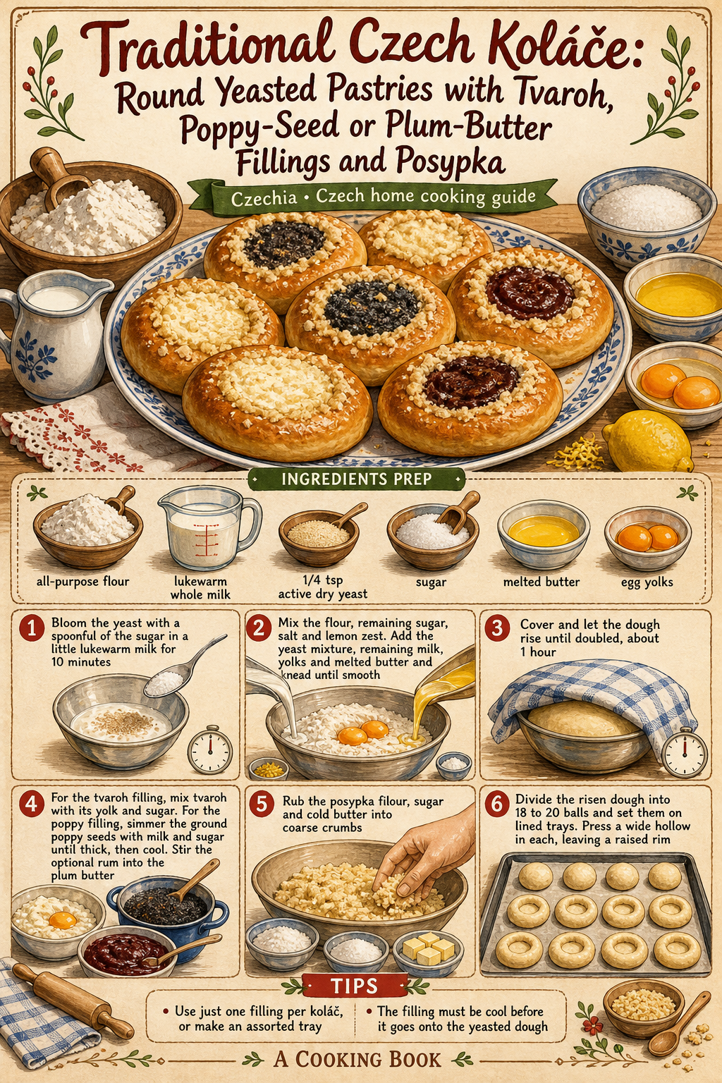 Traditional Czech Koláče: Round Yeasted Pastries with Tvaroh, Poppy-Seed or Plum-Butter Fillings and Posypka illustrated step-by-step cooking guide