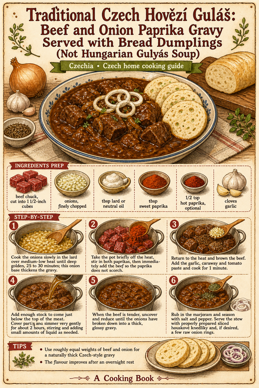 Traditional Czech Hovězí Guláš: Beef and Onion Paprika Gravy Served with Bread Dumplings (Not Hungarian Gulyás Soup) illustrated step-by-step cooking guide