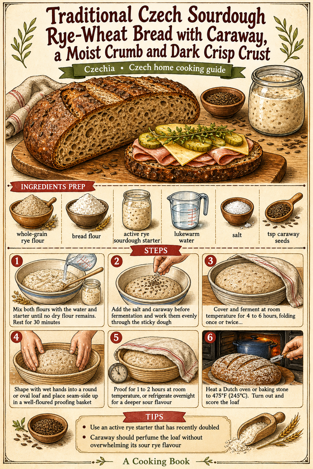 Traditional Czech Sourdough Rye-Wheat Bread with Caraway, a Moist Crumb and Dark Crisp Crust illustrated step-by-step cooking guide