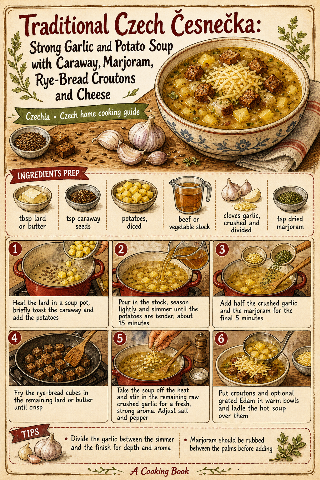 Traditional Czech Česnečka: Strong Garlic and Potato Soup with Caraway, Marjoram, Rye-Bread Croutons and Cheese illustrated step-by-step cooking guide