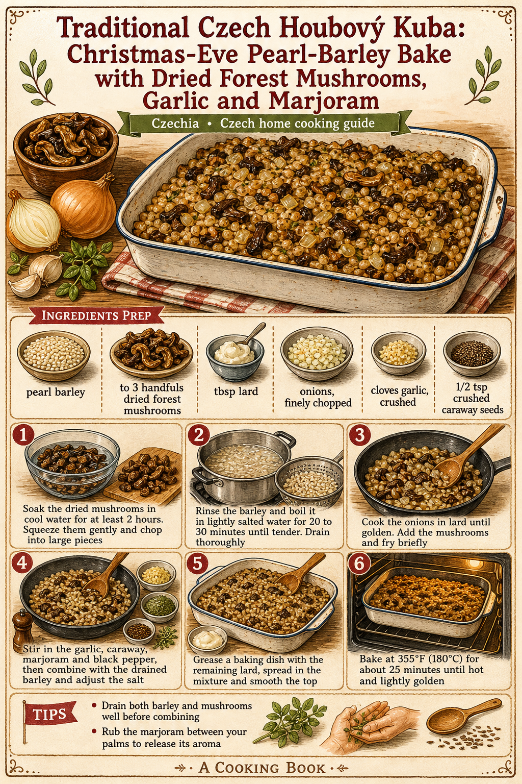 Traditional Czech Houbový Kuba: Christmas-Eve Pearl-Barley Bake with Dried Forest Mushrooms, Garlic and Marjoram illustrated step-by-step cooking guide