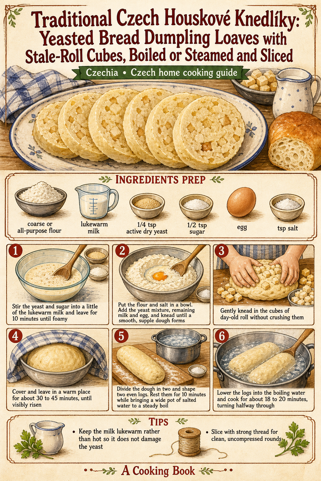Traditional Czech Houskové Knedlíky: Yeasted Bread Dumpling Loaves with Stale-Roll Cubes, Boiled or Steamed and Sliced illustrated step-by-step cooking guide
