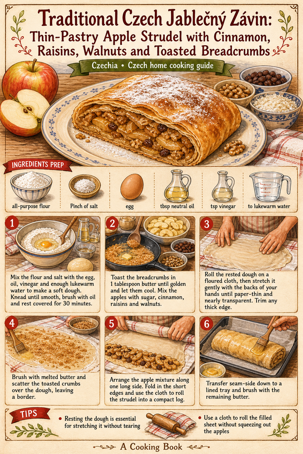 Traditional Czech Jablečný Závin: Thin-Pastry Apple Strudel with Cinnamon, Raisins, Walnuts and Toasted Breadcrumbs illustrated step-by-step cooking guide