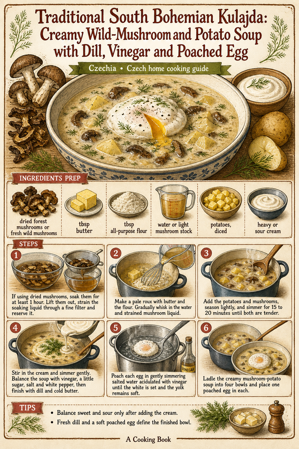 Traditional South Bohemian Kulajda: Creamy Wild-Mushroom and Potato Soup with Dill, Vinegar and Poached Egg illustrated step-by-step cooking guide
