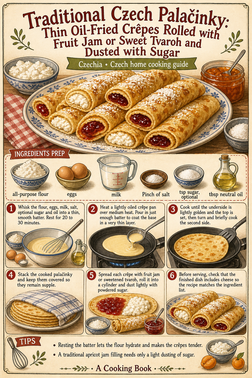 Traditional Czech Palačinky: Thin Oil-Fried Crêpes Rolled with Fruit Jam or Sweet Tvaroh and Dusted with Sugar illustrated step-by-step cooking guide