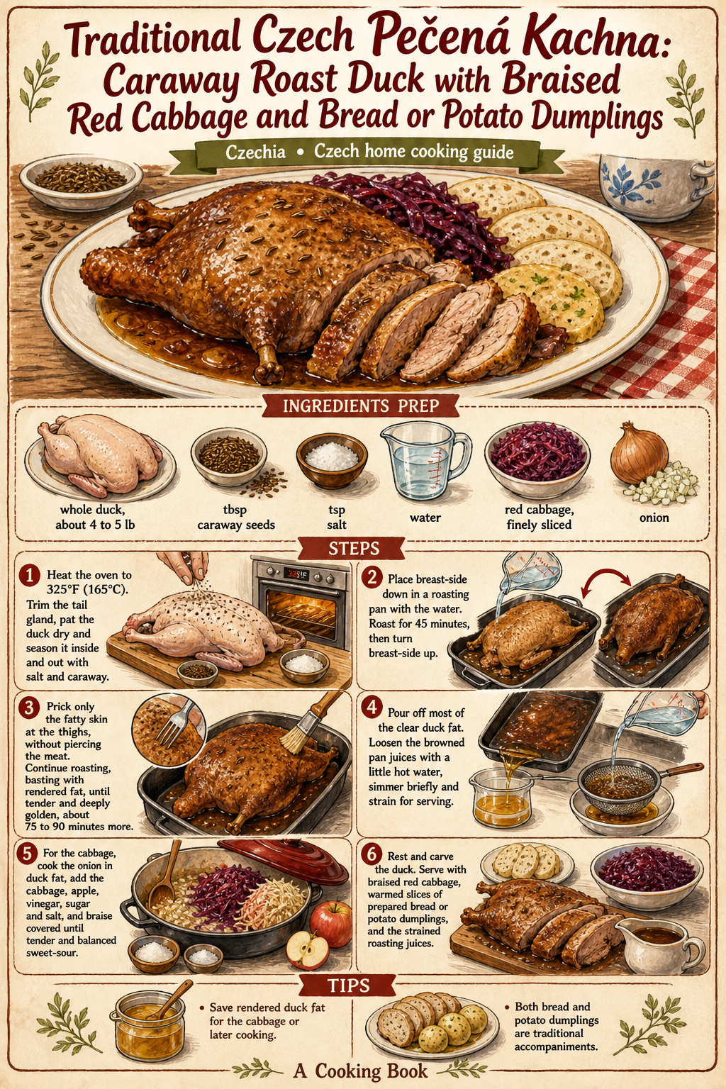 Traditional Czech Pečená Kachna: Caraway Roast Duck with Braised Red Cabbage and Bread or Potato Dumplings illustrated step-by-step cooking guide
