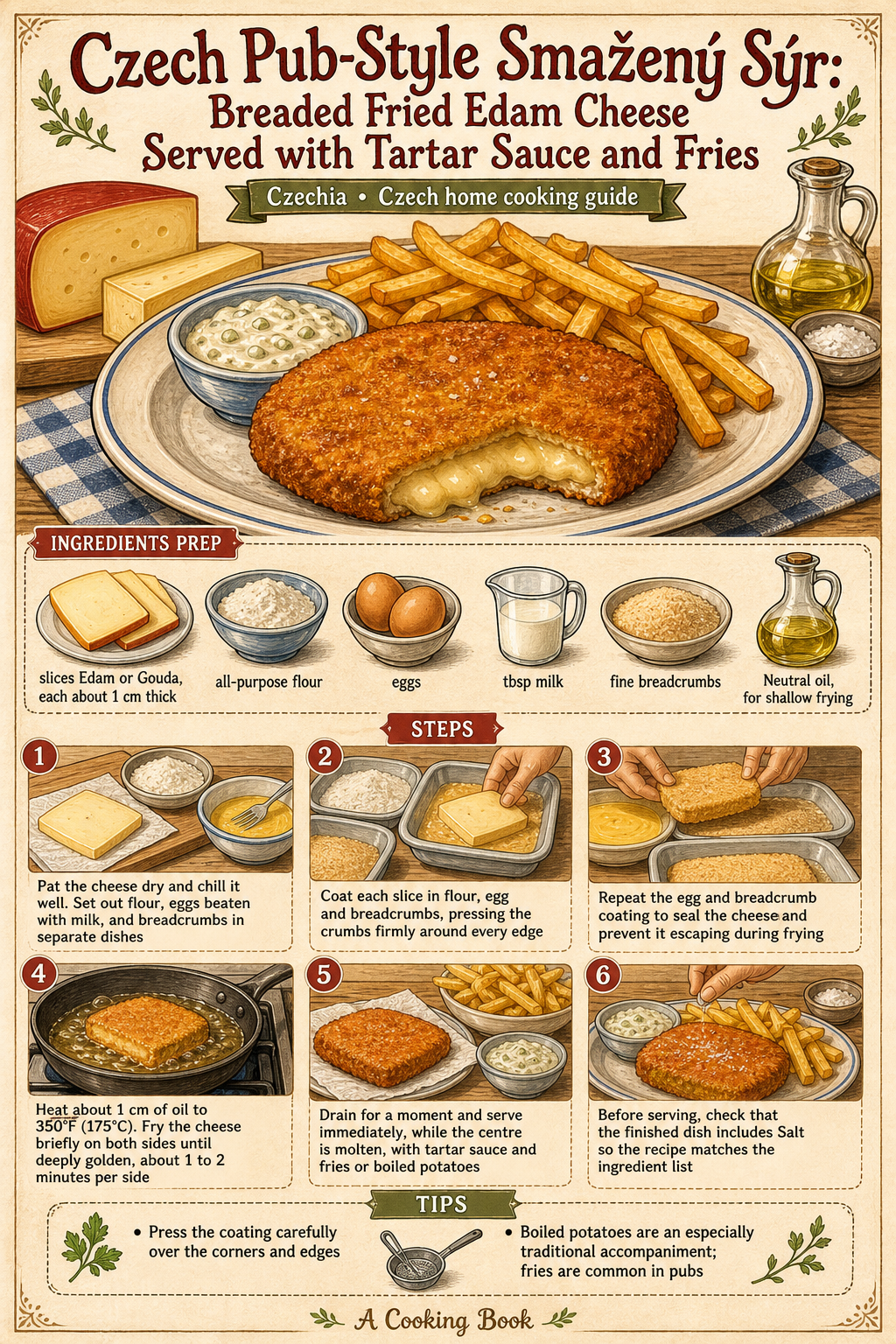 Czech Pub-Style Smažený Sýr: Breaded Fried Edam Cheese Served with Tartar Sauce and Fries illustrated step-by-step cooking guide