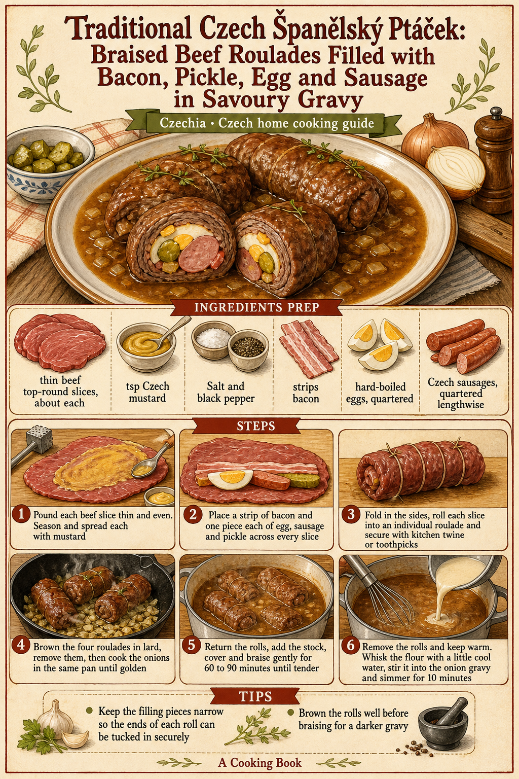 Traditional Czech Španělský Ptáček: Braised Beef Roulades Filled with Bacon, Pickle, Egg and Sausage in Savoury Gravy illustrated step-by-step cooking guide