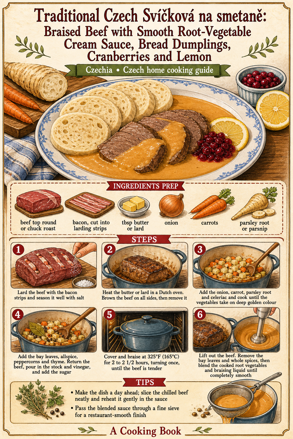 Traditional Czech Svíčková na smetaně: Braised Beef with Smooth Root-Vegetable Cream Sauce, Bread Dumplings, Cranberries and Lemon illustrated step-by-step cooking guide