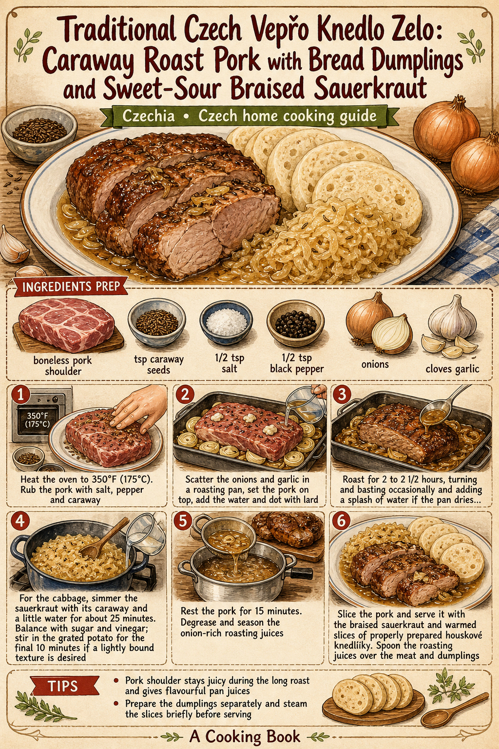 Traditional Czech Vepřo Knedlo Zelo: Caraway Roast Pork with Bread Dumplings and Sweet-Sour Braised Sauerkraut illustrated step-by-step cooking guide