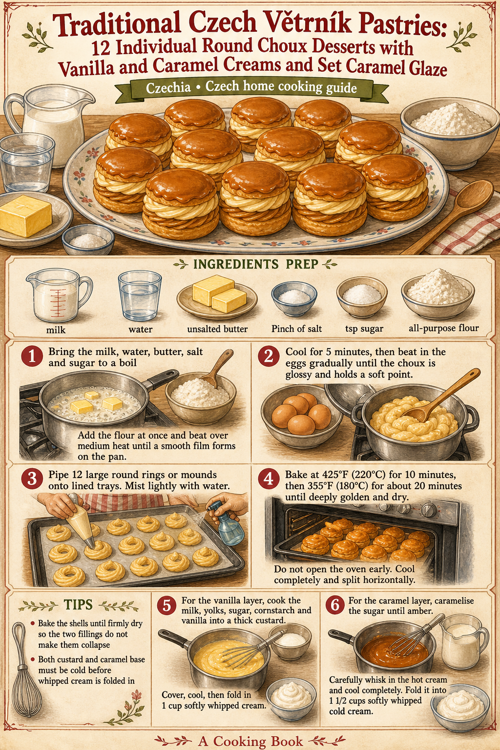 Traditional Czech Větrník Pastries: 12 Individual Round Choux Desserts with Vanilla and Caramel Creams and Set Caramel Glaze illustrated step-by-step cooking guide