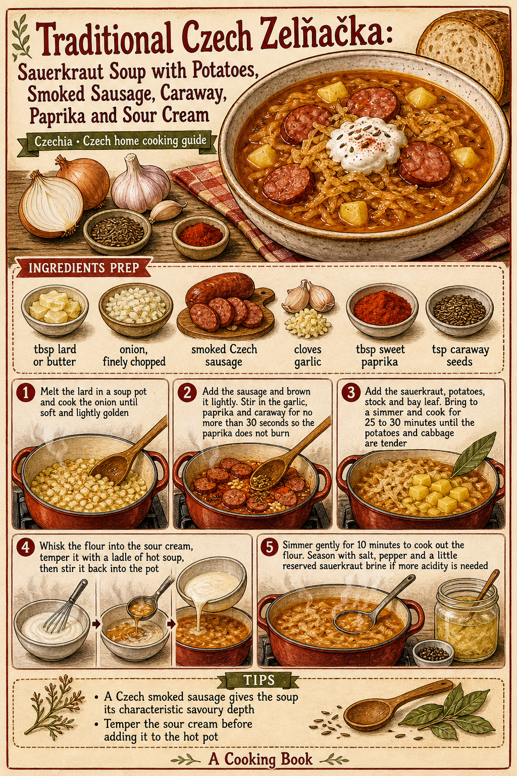 Traditional Czech Zelňačka: Sauerkraut Soup with Potatoes, Smoked Sausage, Caraway, Paprika and Sour Cream illustrated step-by-step cooking guide
