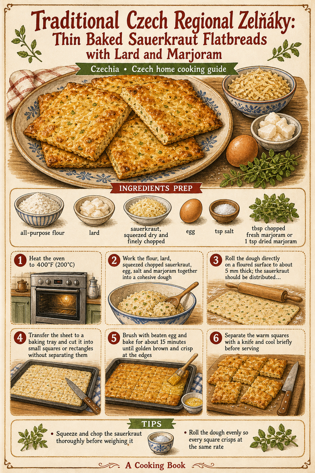 Traditional Czech Regional Zelňáky: 5-mm Single-Layer Sauerkraut Flatbreads with Lard and Marjoram illustrated step-by-step cooking guide