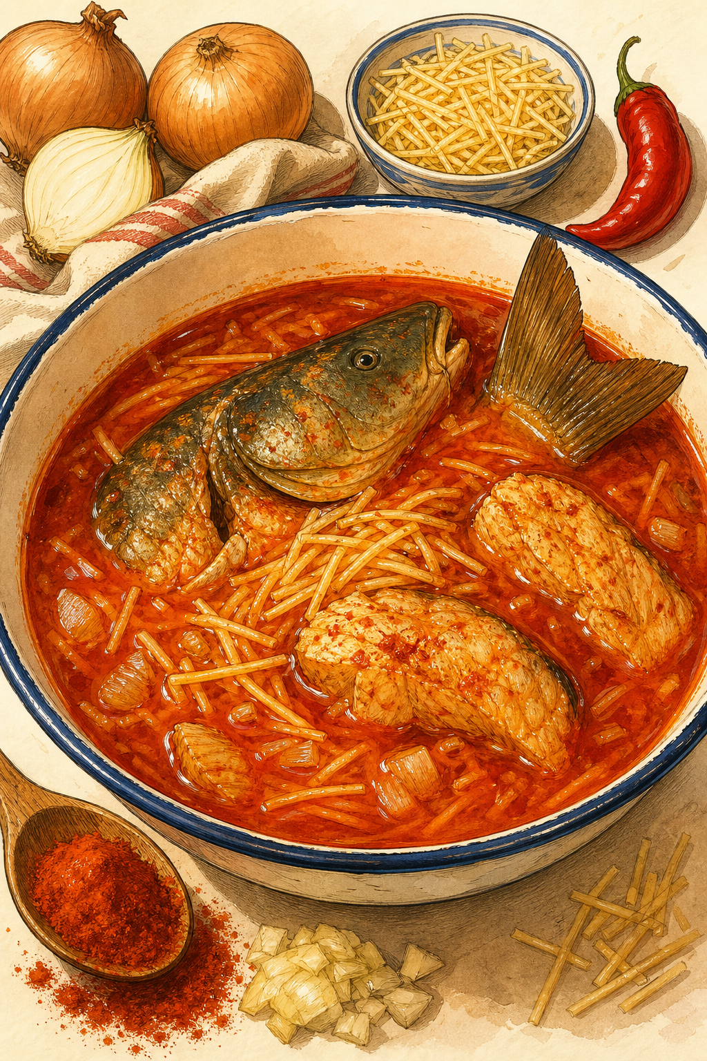 Traditional Bajai Halászlé: Danube Fisherman's Soup with Carp and Gyufatészta