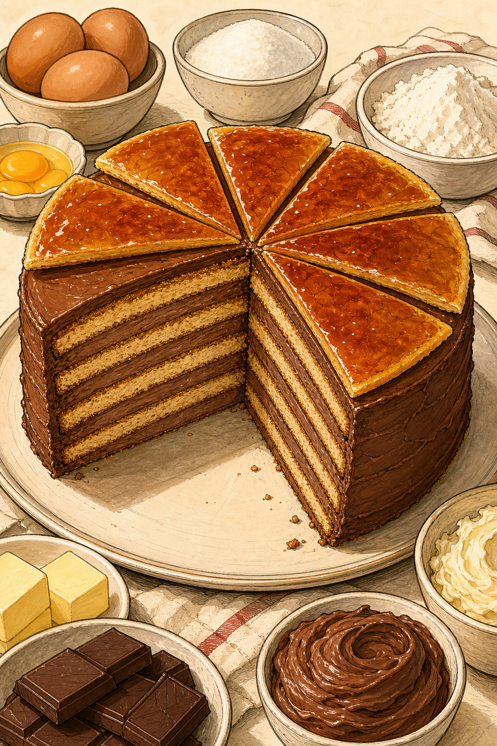 Traditional Hungarian Dobostorta: Five Sponge Layers with Chocolate Buttercream and Golden Caramel illustrated recipe card