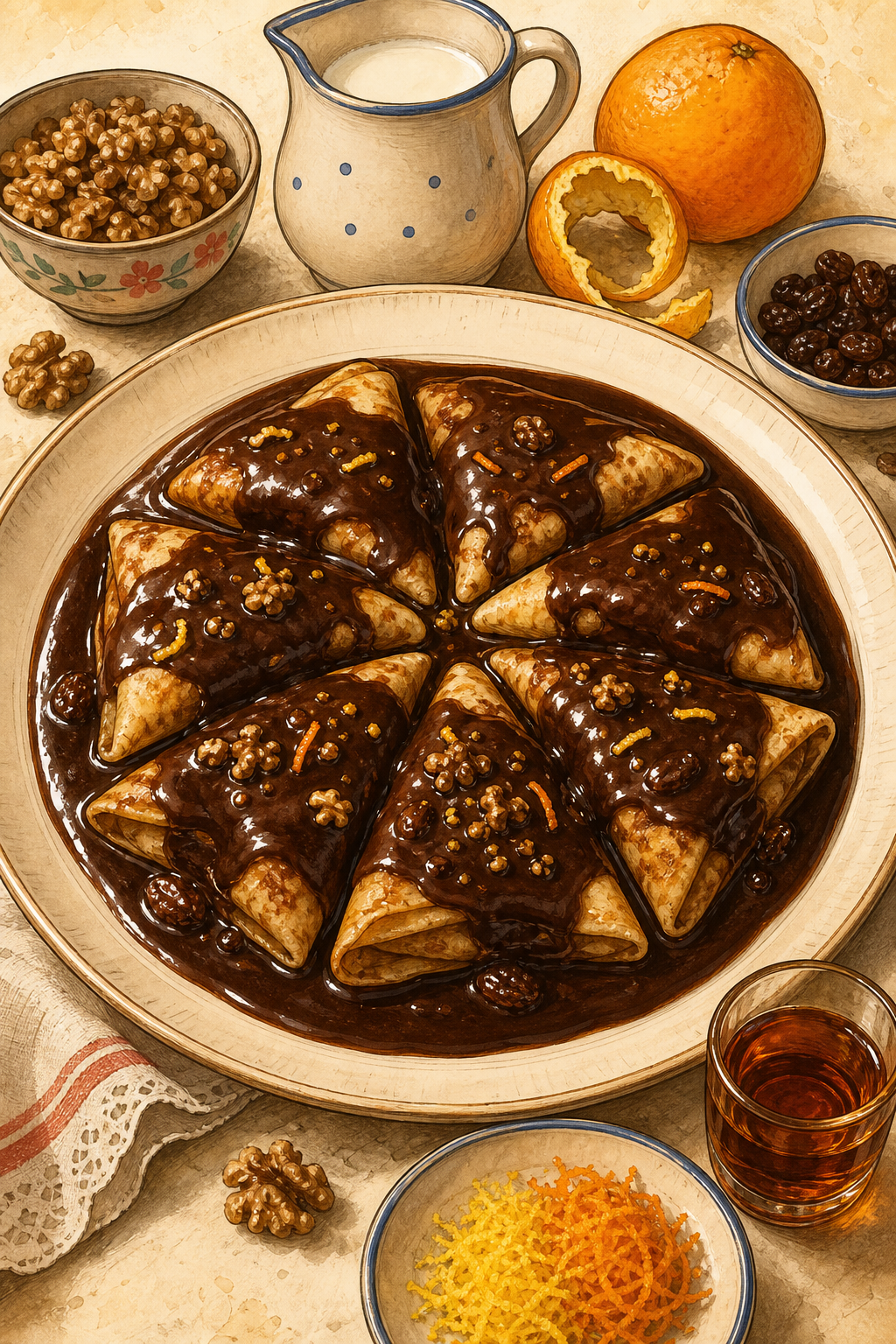 Traditional Gundel Palacsinta: Walnut-and-Rum Crêpes with Dark Chocolate Sauce illustrated recipe card