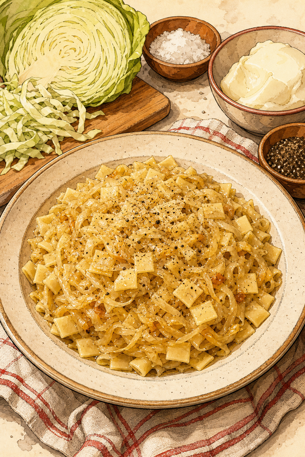 Traditional Hungarian Káposztás Tészta: Caramelized Cabbage Noodles with Black Pepper illustrated recipe card
