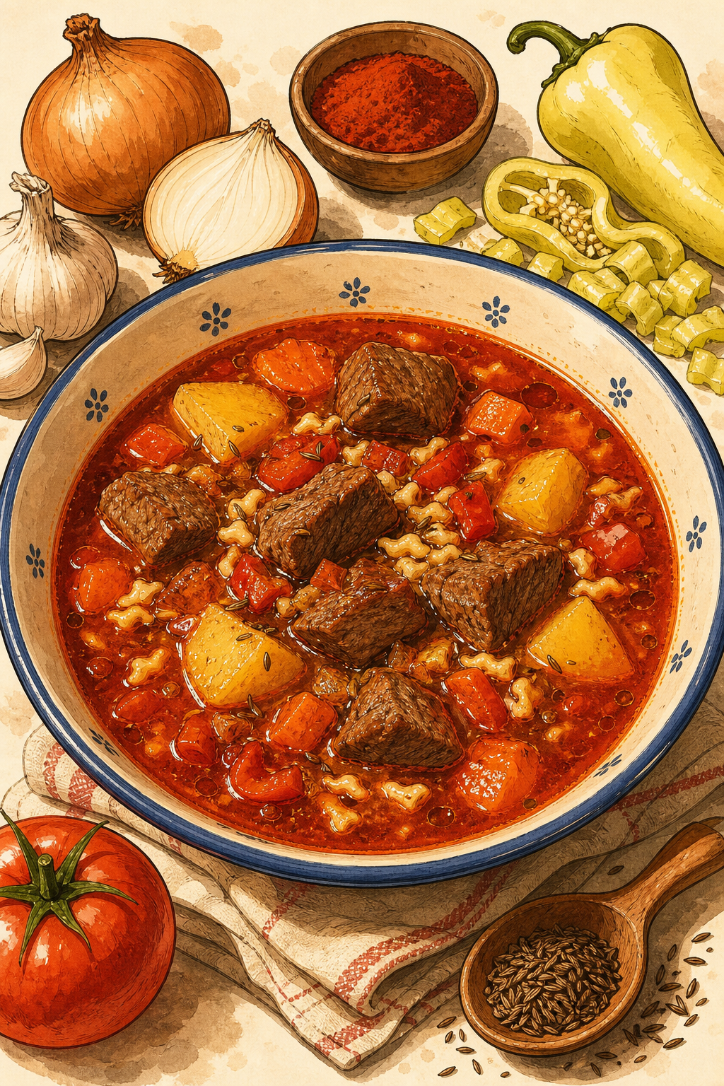 Traditional Hungarian Gulyásleves: Beef and Vegetable Goulash Soup with Paprika, Caraway and Csipetke