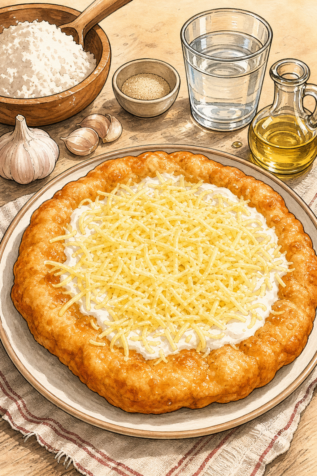 Traditional Hungarian Lángos: Fried Yeast Flatbread with Garlic, Sour Cream and Cheese