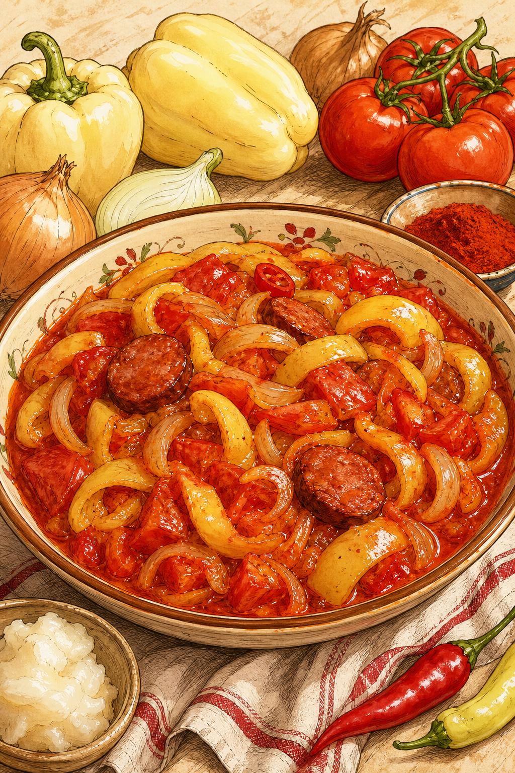 Traditional Hungarian Lecsó: Summer Pepper, Tomato and Onion Stew