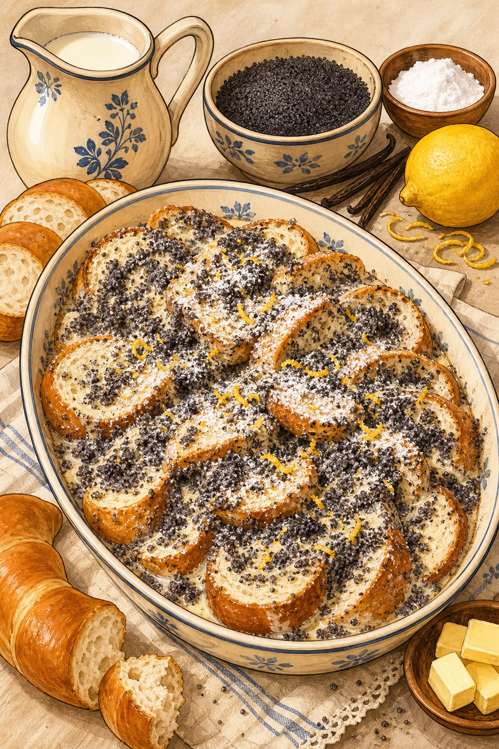 Traditional Hungarian Mákos Guba: Vanilla-Milk-Soaked Kifli with Sweet Poppy Seed