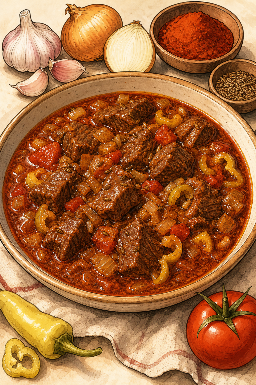 Traditional Hungarian Marhapörkölt: Slow-Braised Beef and Onion Paprika Stew illustrated recipe card