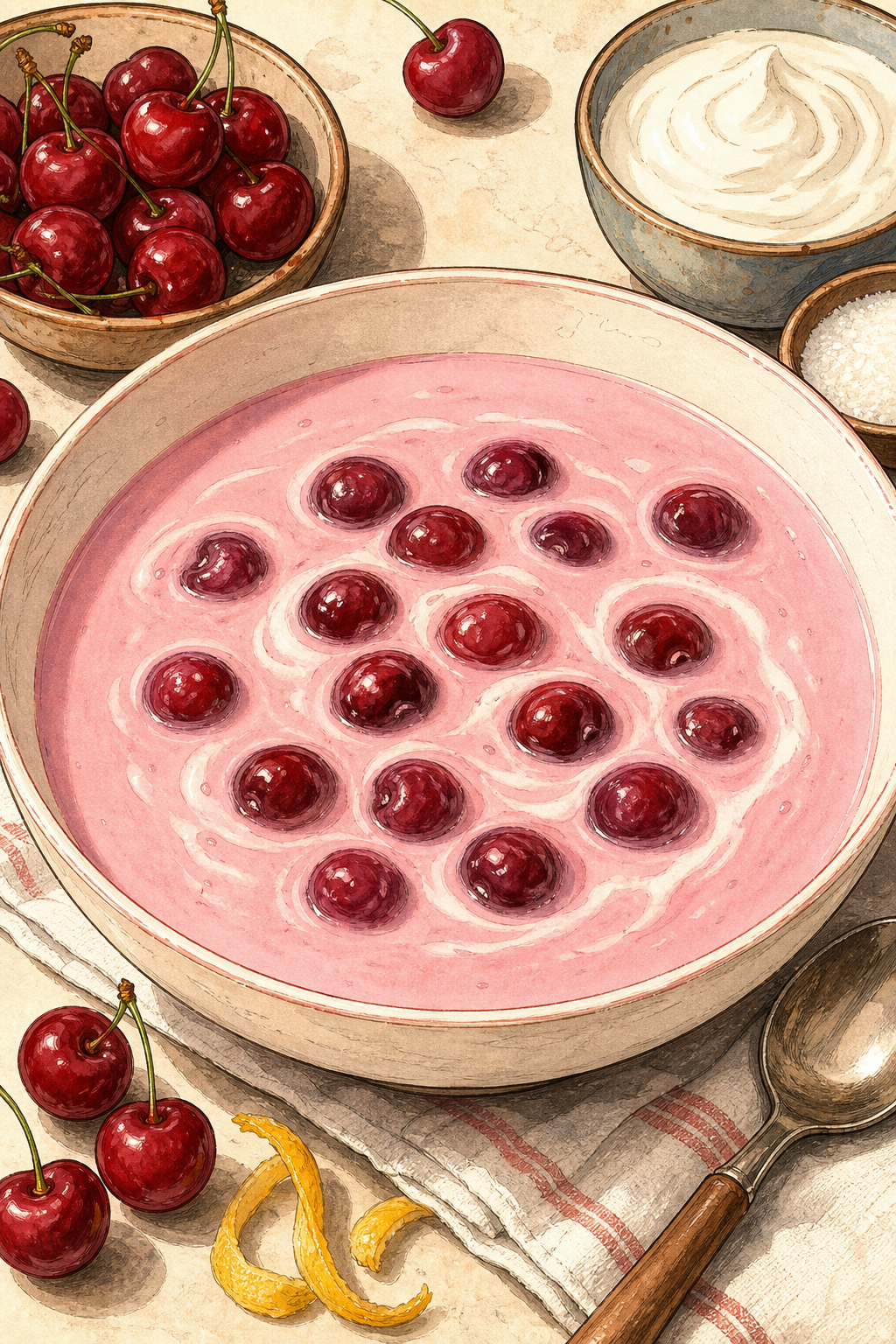Traditional Hungarian Meggyleves: Chilled Sour Cherry Soup with Sour Cream illustrated recipe card