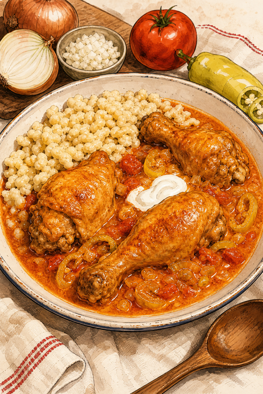 Traditional Hungarian Paprikás Csirke: Chicken Paprikash with Sour Cream and Nokedli