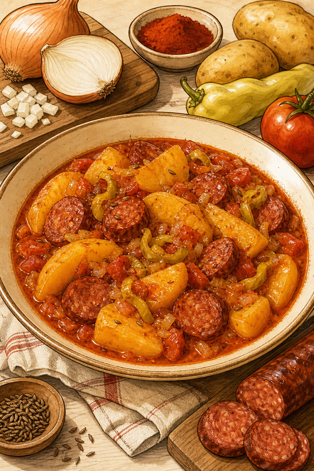 Traditional Hungarian Paprikás Krumpli: Paprika Potato and Sausage Stew