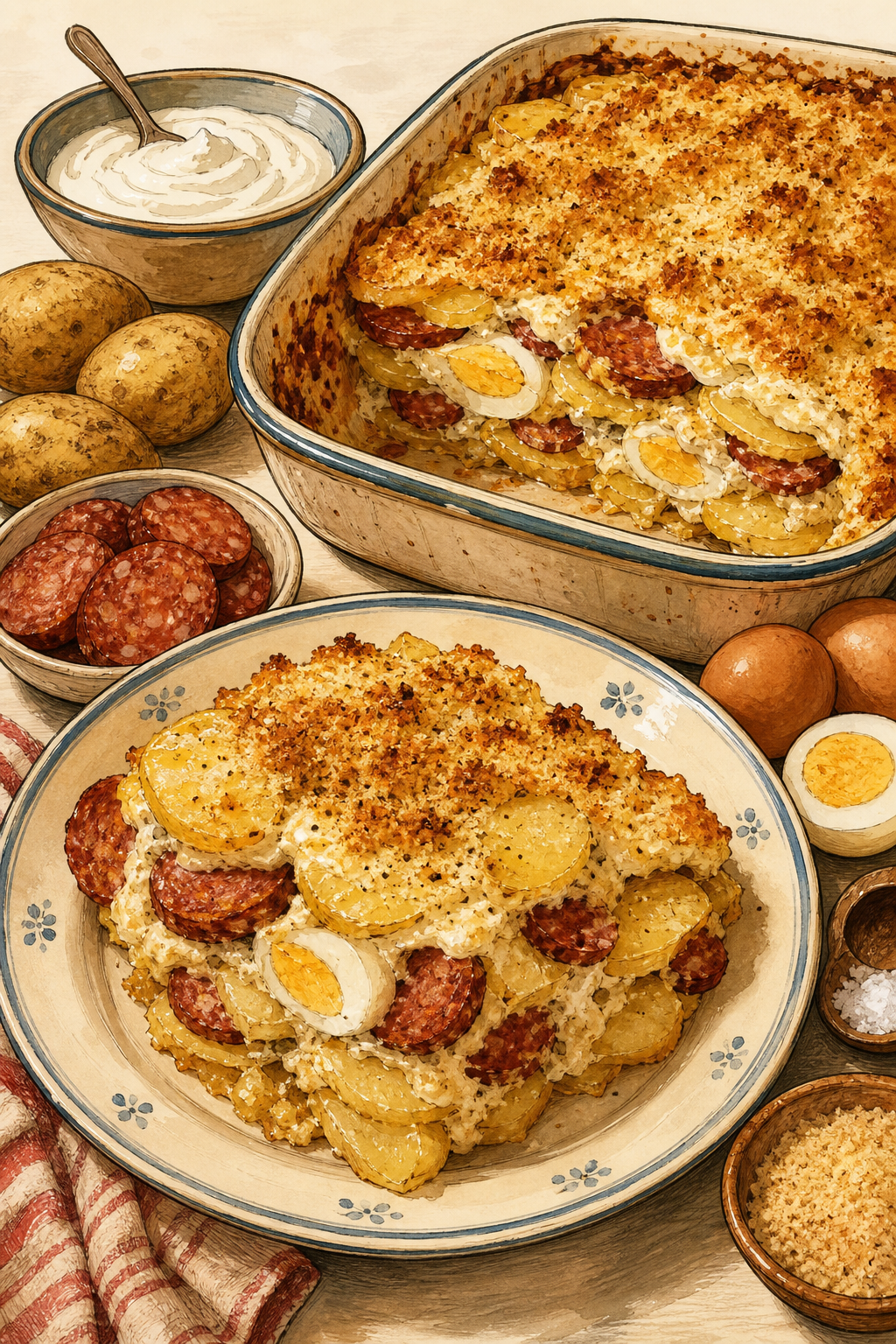 Traditional Hungarian Rakott Krumpli: Layered Potato Casserole with Eggs, Sausage and Sour Cream