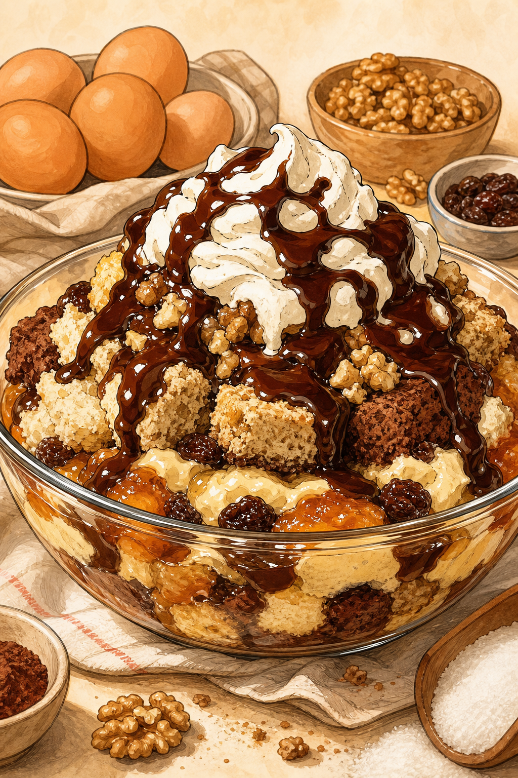 Traditional Hungarian Somlói Galuska: Three-Sponge Rum, Walnut, Vanilla-Cream and Chocolate Dessert
