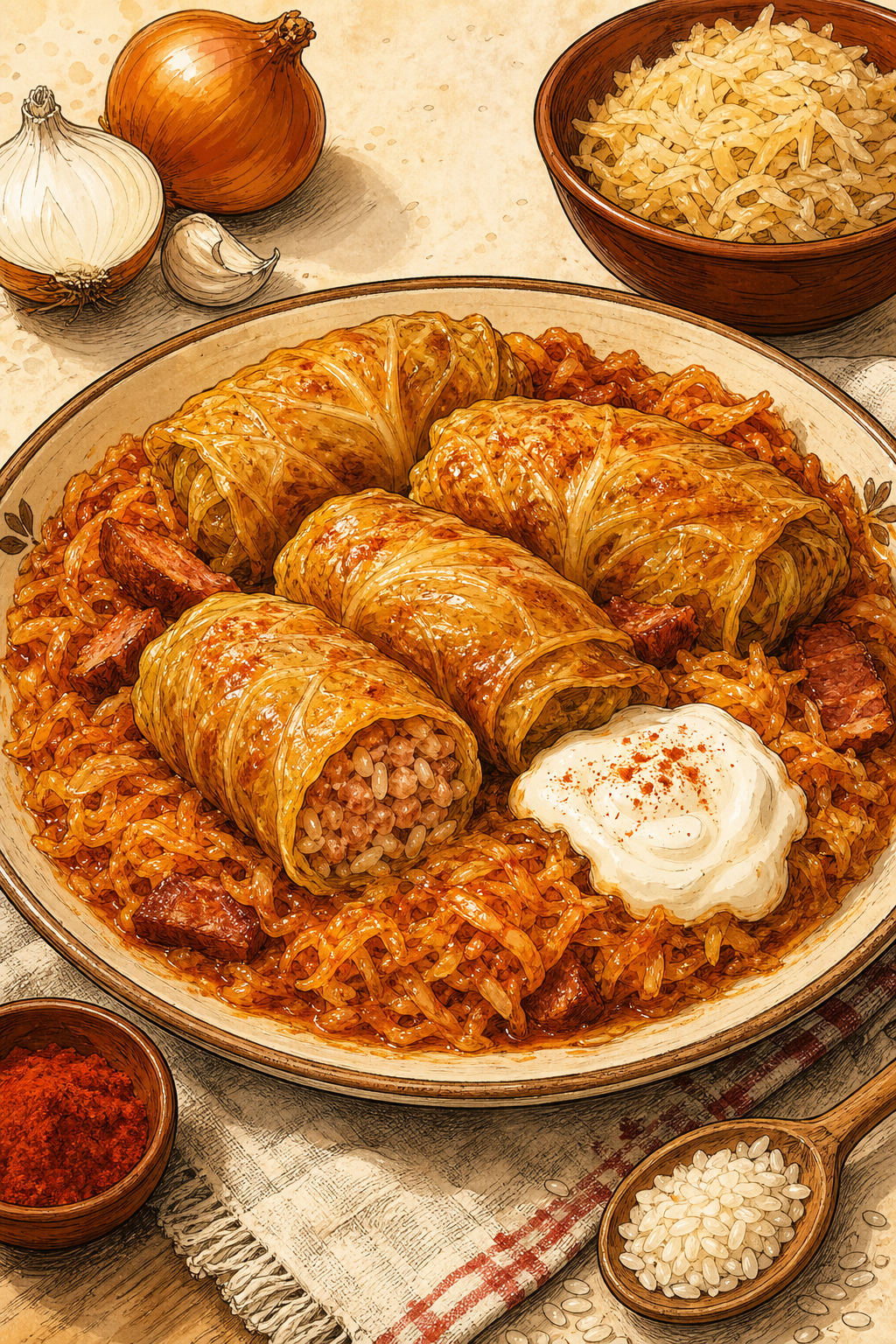 Traditional Hungarian Töltött Káposzta: Sauerkraut Cabbage Rolls with Pork and Rice