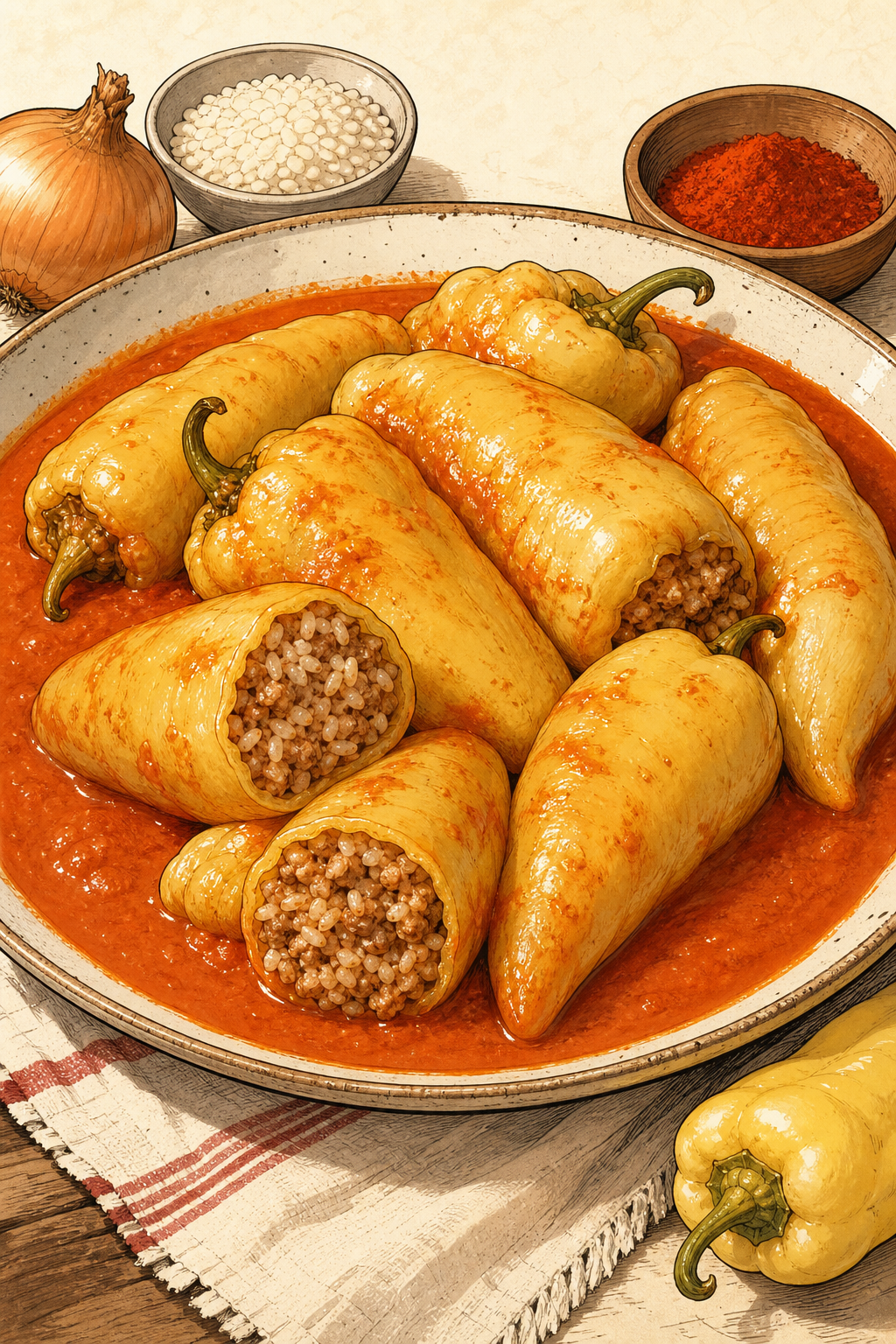 Traditional Hungarian Töltött Paprika: Meat-and-Rice Stuffed Peppers in Tomato Sauce