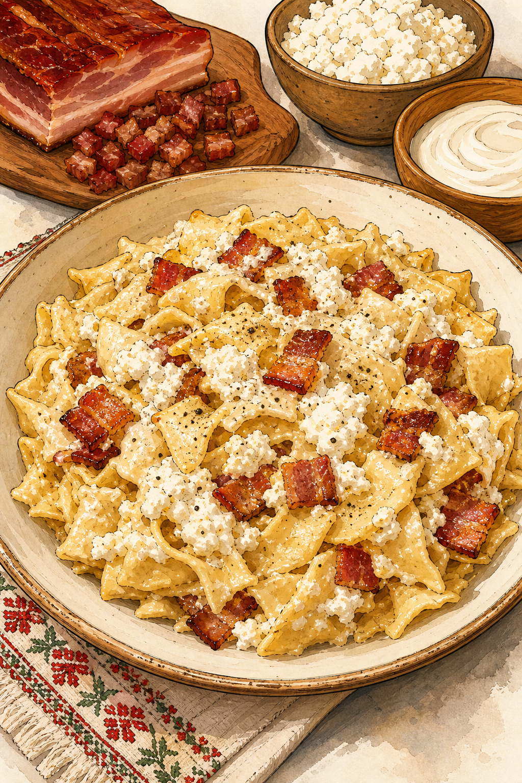 Traditional Hungarian Túrós Csusza: Pasta with Curd Cheese, Bacon and Sour Cream