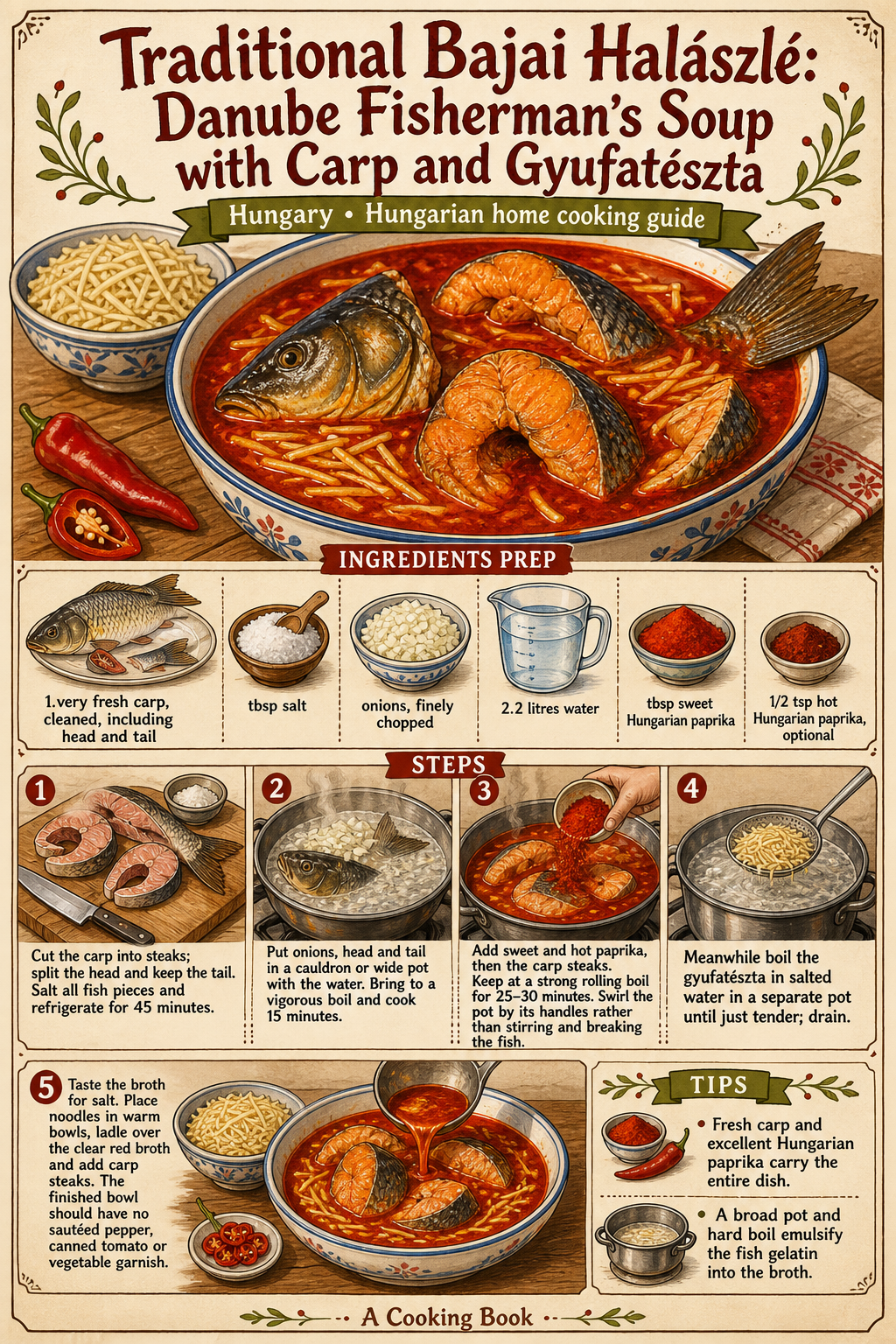 Traditional Bajai Halászlé: Danube Fisherman's Soup with Carp and Gyufatészta illustrated step-by-step cooking guide