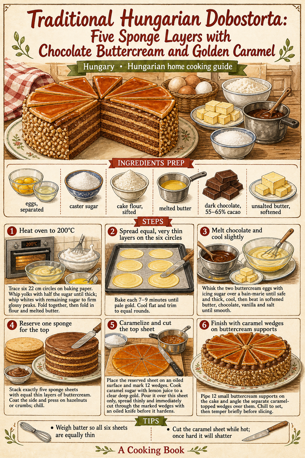 Traditional Hungarian Dobostorta: Five Sponge Layers with Chocolate Buttercream and Golden Caramel illustrated step-by-step cooking guide