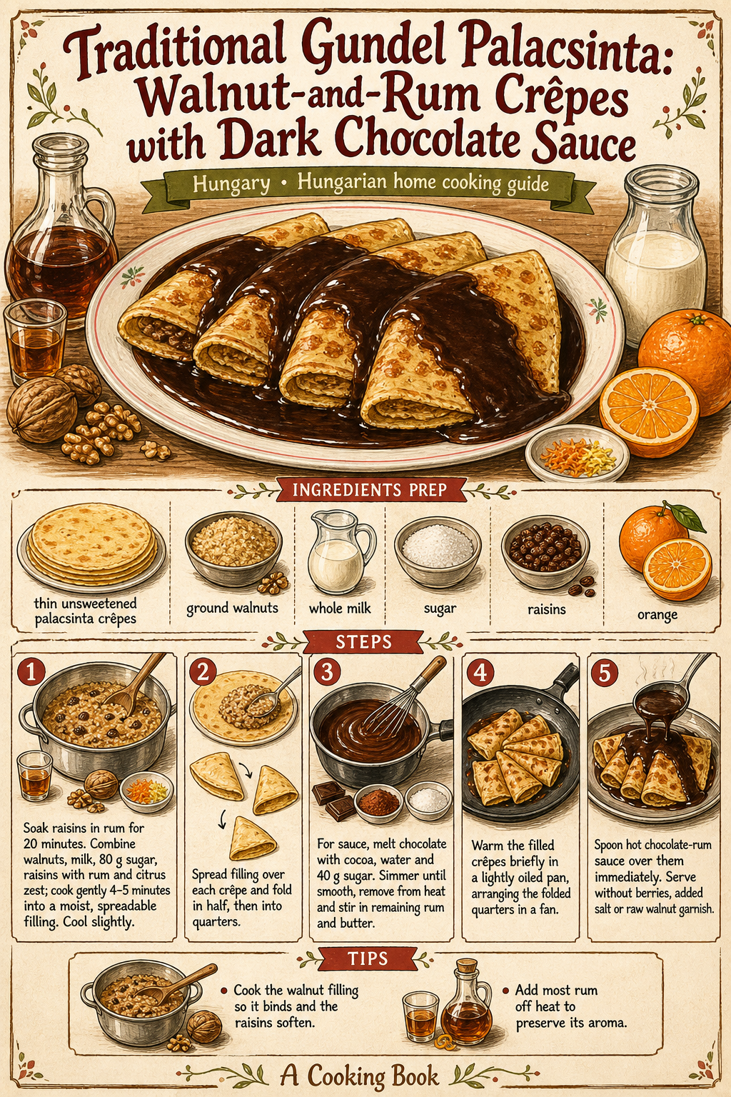 Traditional Gundel Palacsinta: Walnut-and-Rum Crêpes with Dark Chocolate Sauce illustrated step-by-step cooking guide