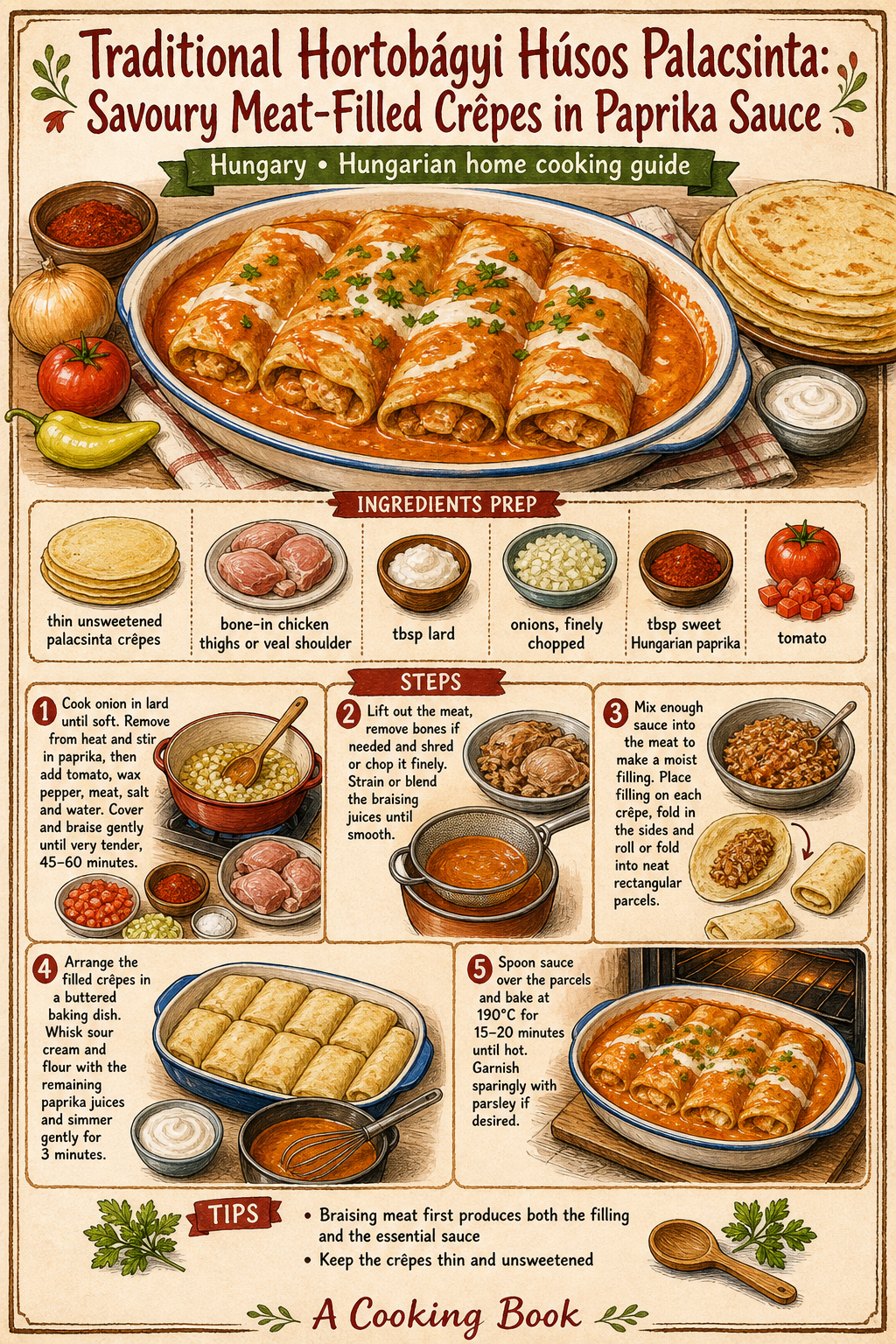 Traditional Hortobágyi Húsos Palacsinta: Savoury Meat-Filled Crêpes in Paprika Sauce illustrated step-by-step cooking guide