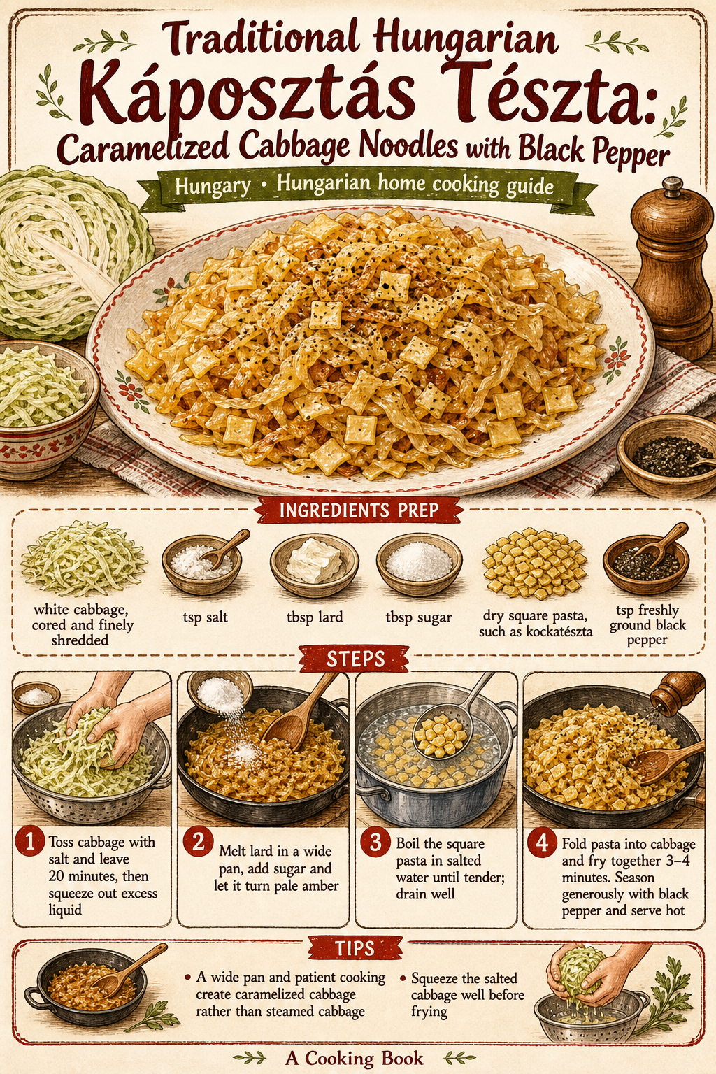 Traditional Hungarian Káposztás Tészta: Caramelized Cabbage Noodles with Black Pepper illustrated step-by-step cooking guide