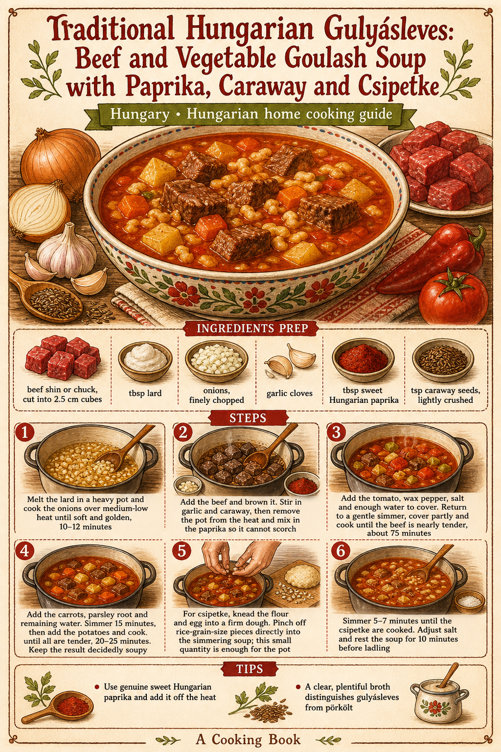 Traditional Hungarian Gulyásleves: Beef and Vegetable Goulash Soup with Paprika, Caraway and Csipetke illustrated step-by-step cooking guide