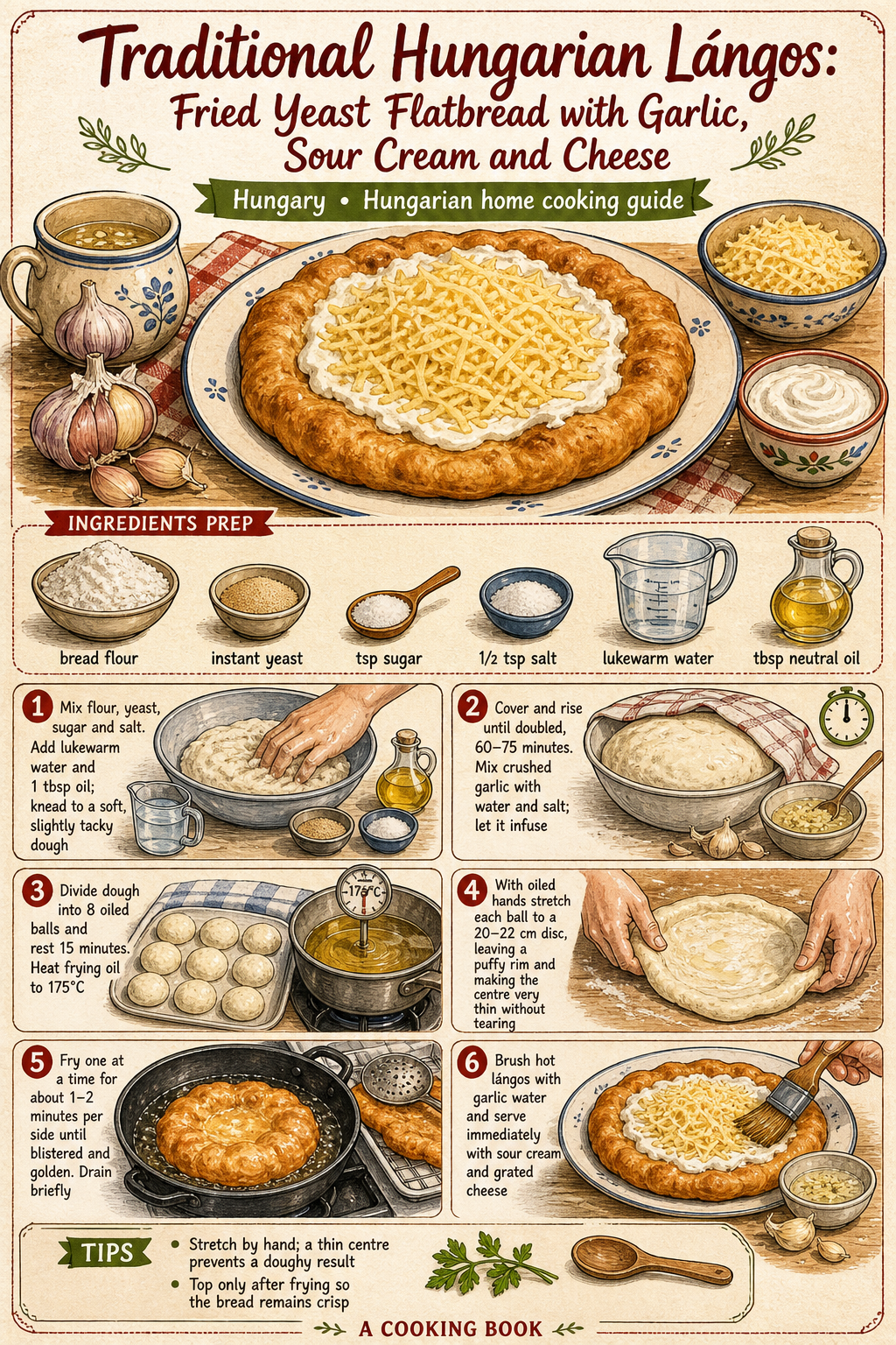 Traditional Hungarian Lángos: Fried Yeast Flatbread with Garlic, Sour Cream and Cheese illustrated step-by-step cooking guide