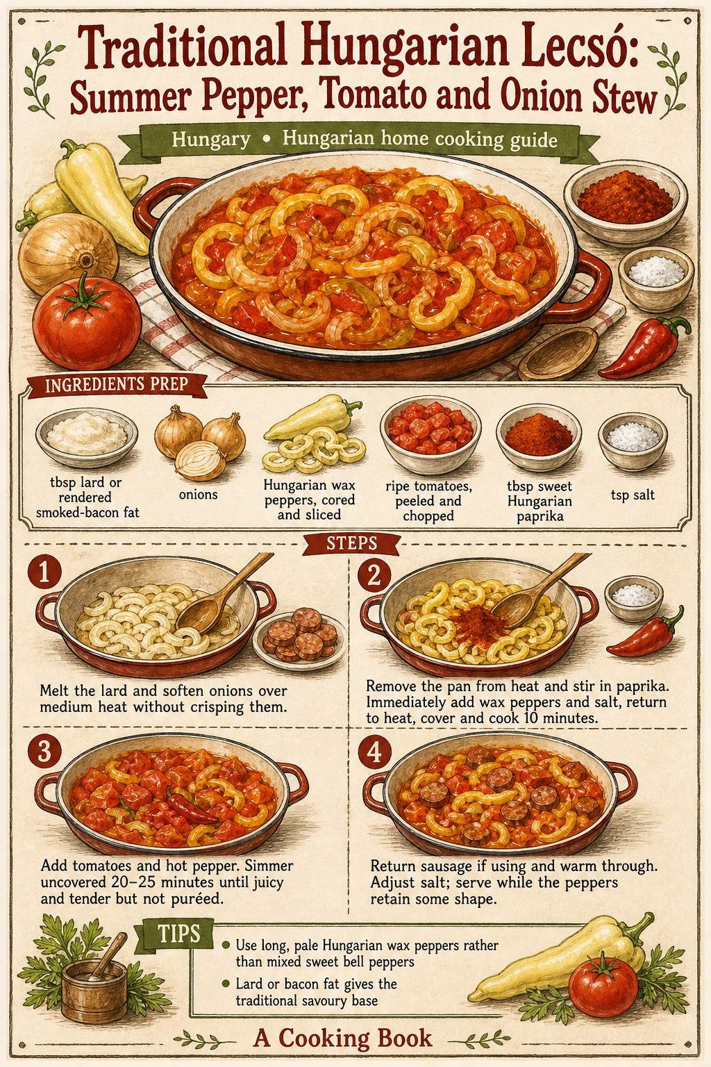 Traditional Hungarian Lecsó: Summer Pepper, Tomato and Onion Stew illustrated step-by-step cooking guide