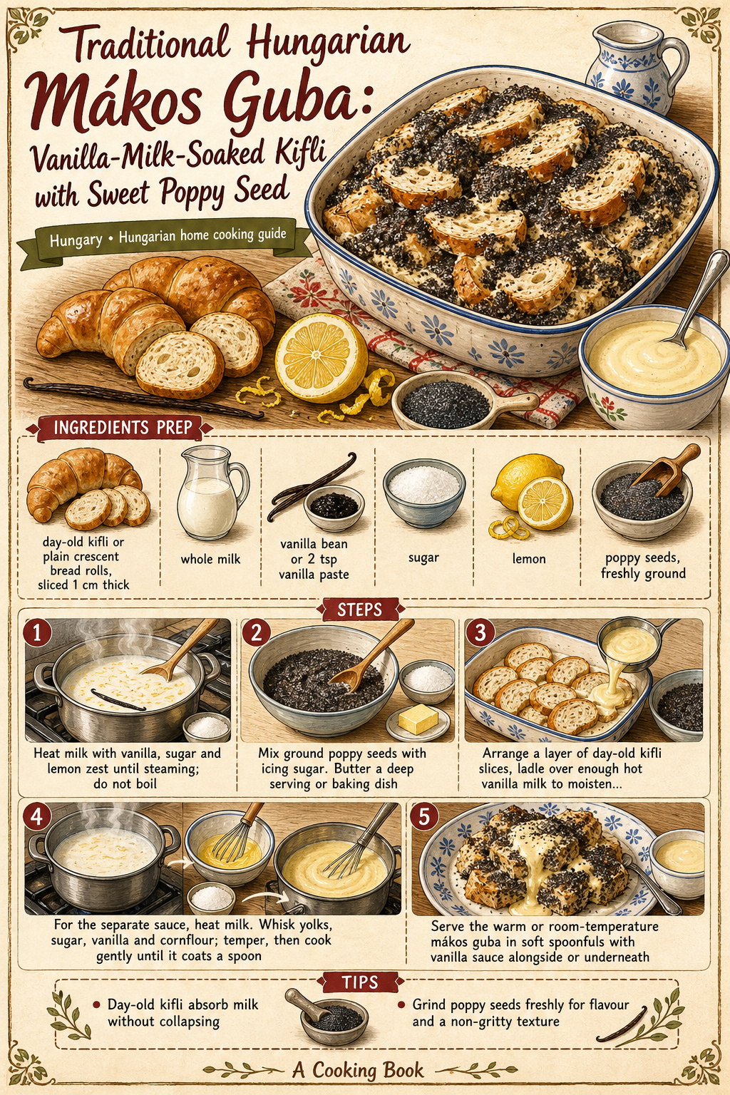 Traditional Hungarian Mákos Guba: Vanilla-Milk-Soaked Kifli with Sweet Poppy Seed illustrated step-by-step cooking guide