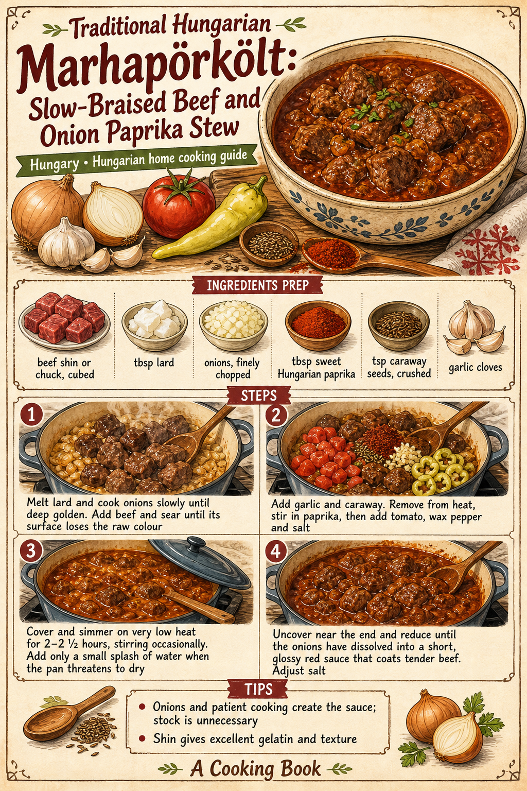 Traditional Hungarian Marhapörkölt: Slow-Braised Beef and Onion Paprika Stew illustrated step-by-step cooking guide