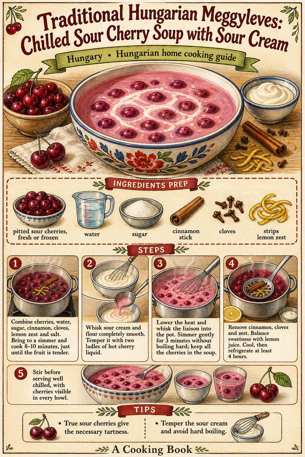 Traditional Hungarian Meggyleves: Chilled Sour Cherry Soup with Sour Cream illustrated step-by-step cooking guide